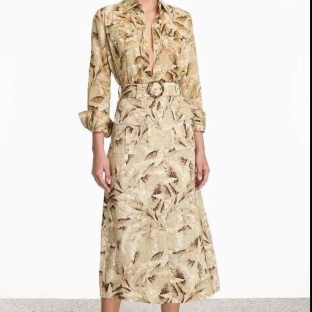 Zimmermann Linen Belted Shirt Dress Palm Tree Print- Size 0 Small